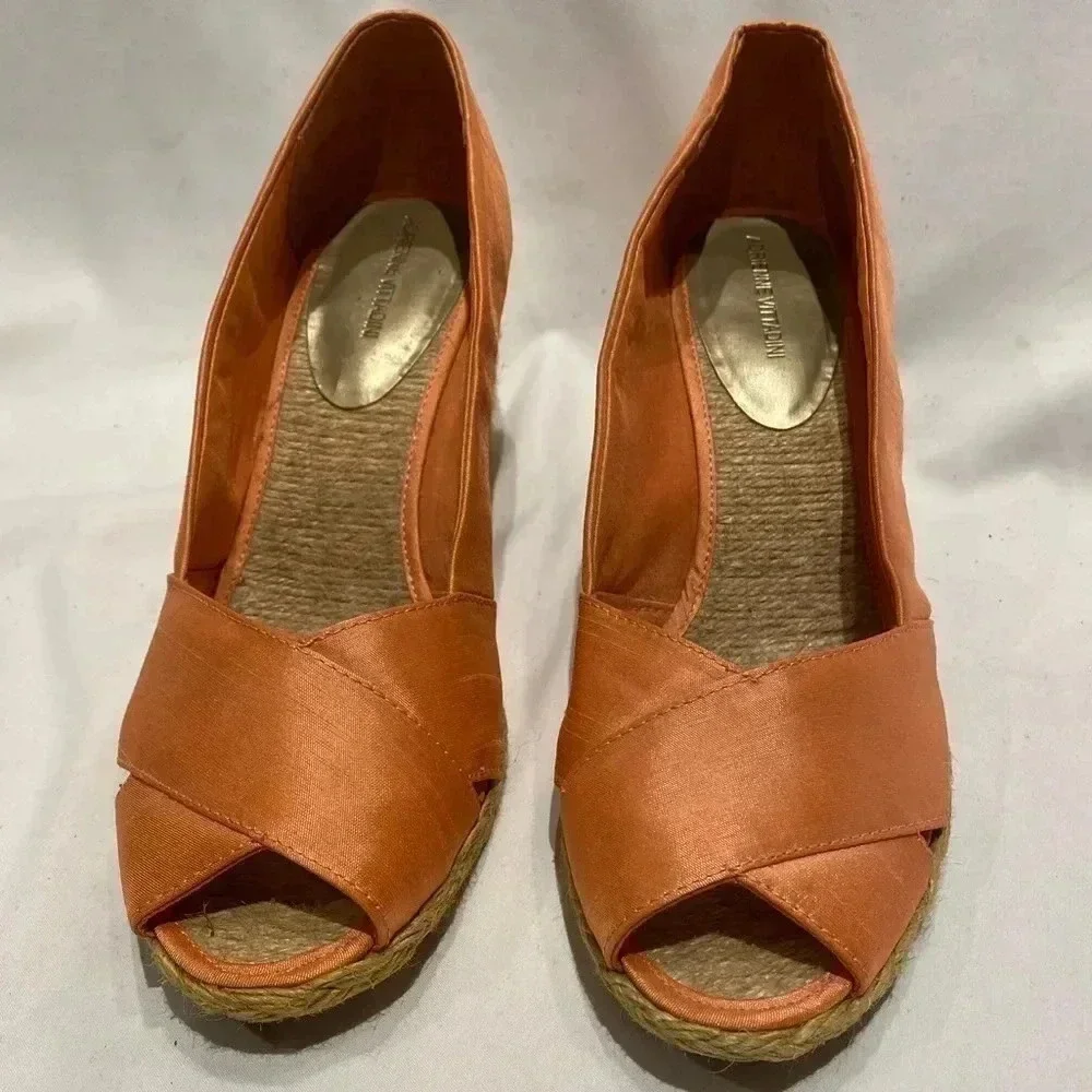 Adrienne Vittadini Bailee Peach Silk Espadrille Wedge Heels, size 11